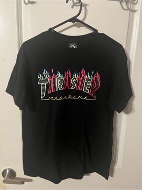 Thrasher Black Tee with Multicolor Flame Logo